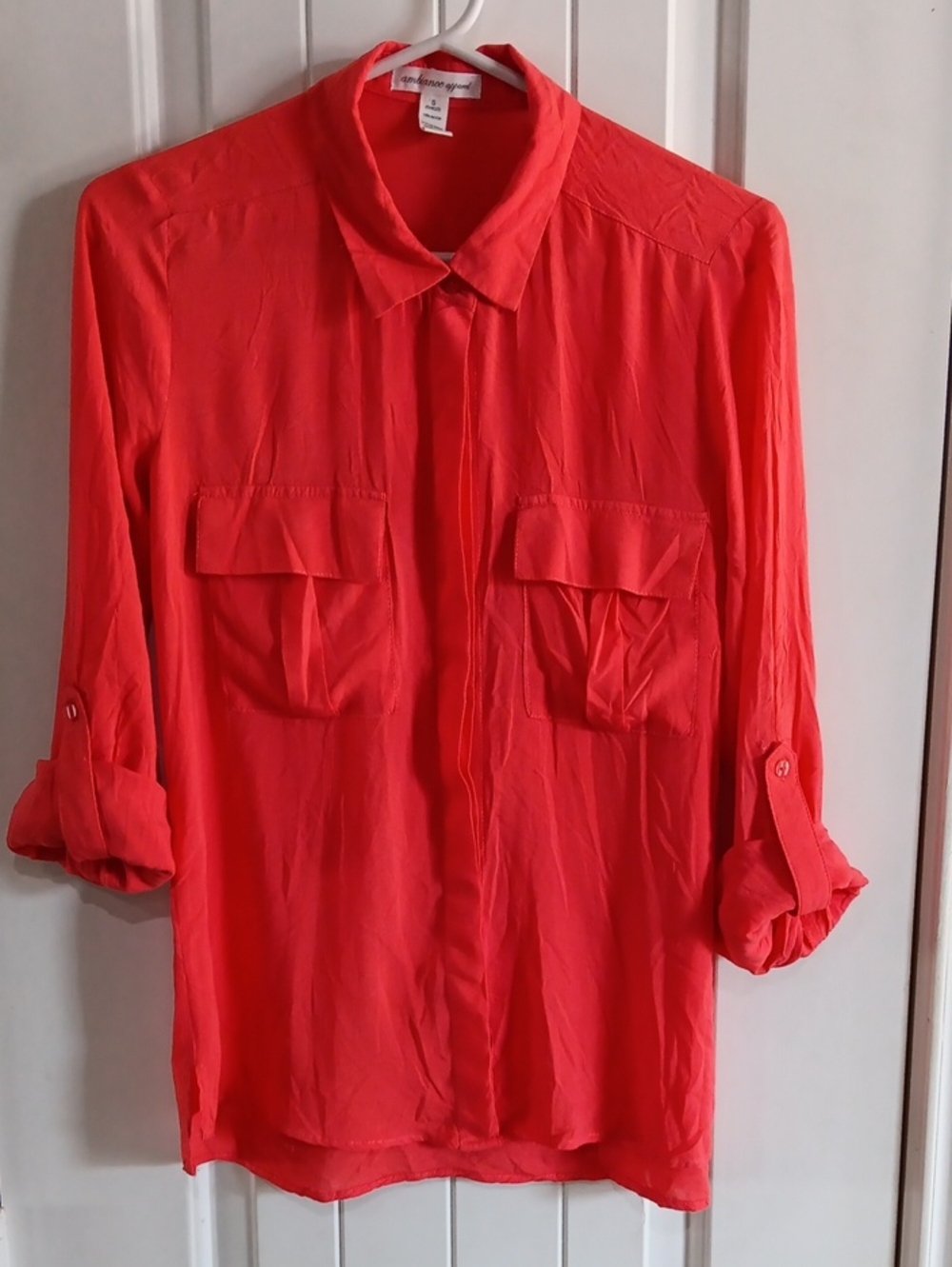 Ambiance Apparel Red Coral Rayon Utility Roll Tab Button Down Blouse Shirt S